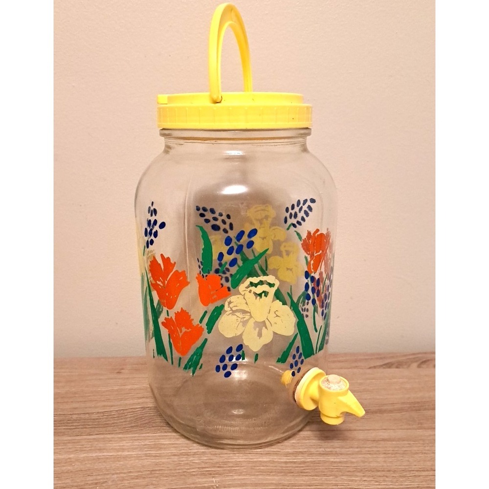 Vintage Retro Daffodil Sun Tea Glass Jar Dispenser With Spout and Handle